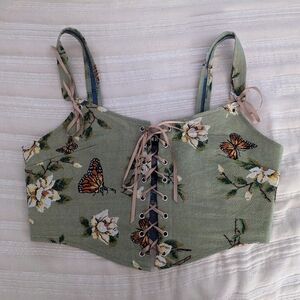 Cider Green Floral Butterfly Lace-Up Crop Top